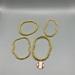 Gold Beaded Bracelet Set with Baseball Charm - Handmade #B0283T